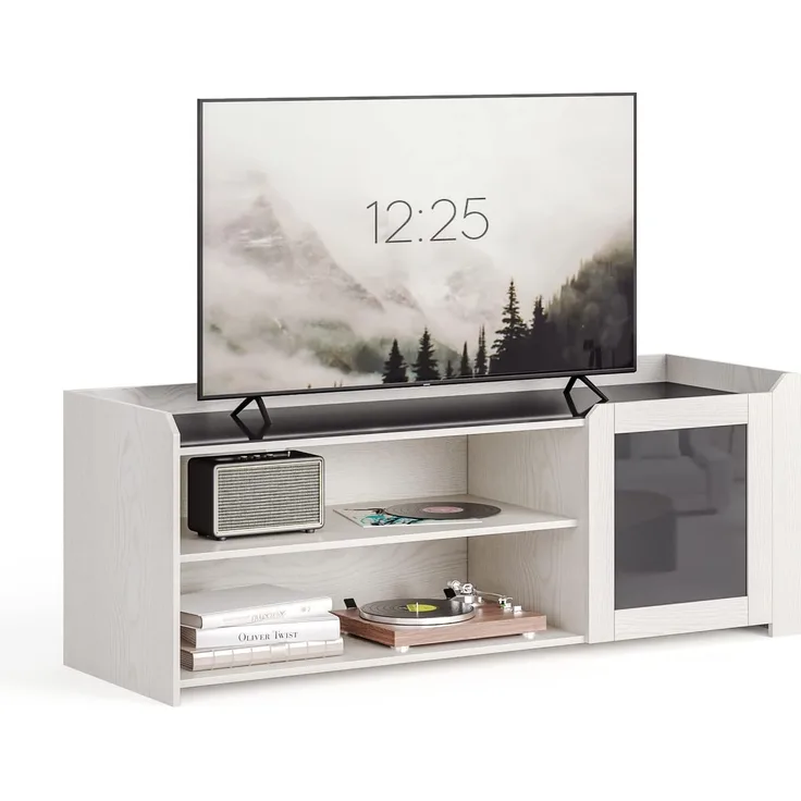 Mondeer Lowboard TV-Schrank, Fernsehtisch, mit 1 Tür und gehärtetem Glas, 120 x 40 x 45 cm, Creme