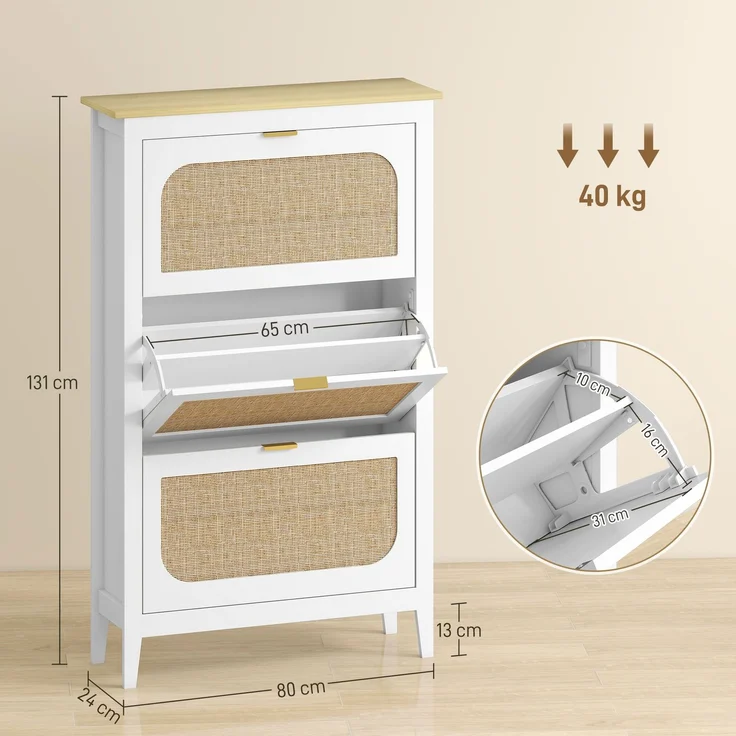 Schuhschrank für 21 Paar Schuhe im Boho-Stil mit 3 Klappschubladen, Türen in Rattan-Optik, 80 x 24 x 131 cm, weiß – Bild 5