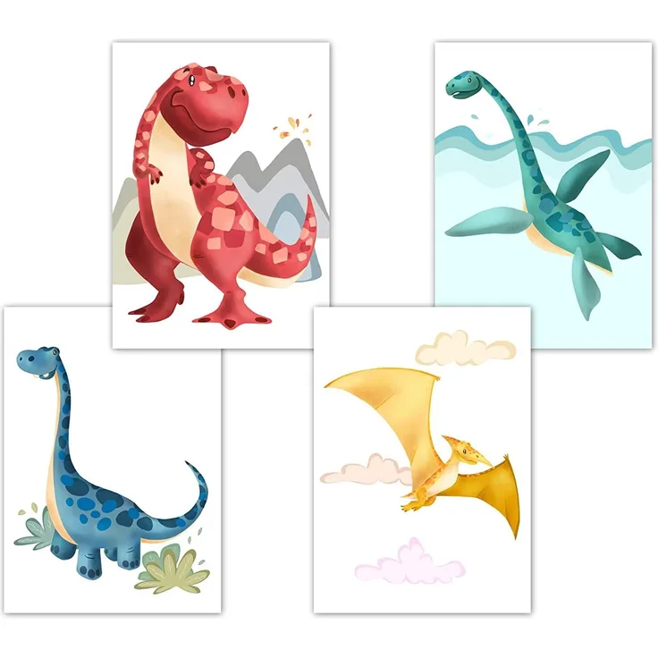 Dino Poster Kinderzimmer, Deko für Babyzimmer, Kinderposter Set, Babyposter, DIN A4 ohne Bilderrahmen, Tierbilder, Dinosaurier Wandbilder für Jungen und Mädchen (4er Set A)
