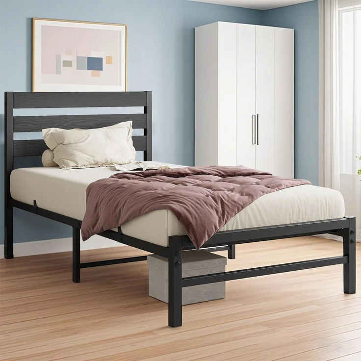 Einzelbett aus Metall mit MDF-Kopfteil, ohne Matratze, 90x200 cm, Schwarz – Bild 1
