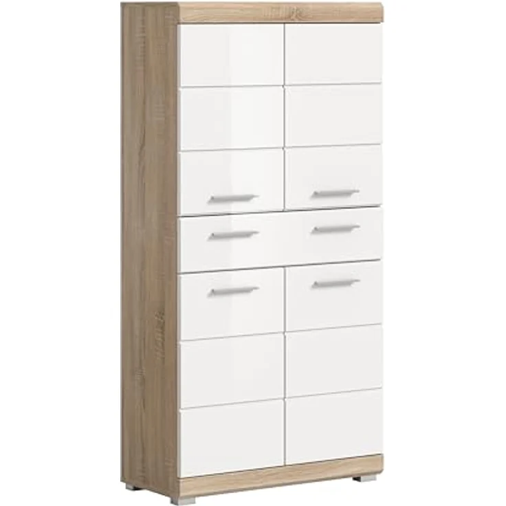 Xonox Lambada Badmidischrank (B/H/T: 74x141x31 cm) in weiß Hochglanz und Sonoma Eiche hell – Bild 2