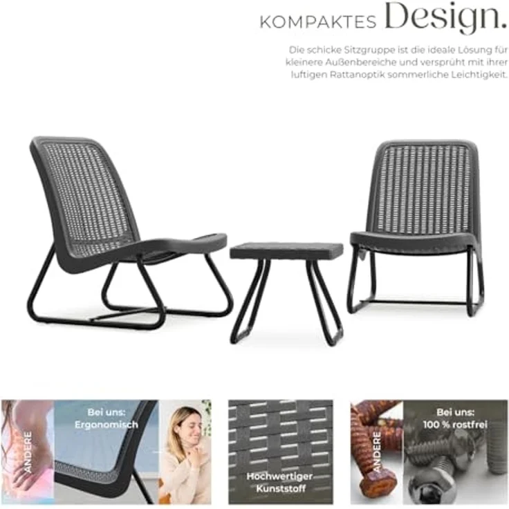 tectake Sitzgruppe Balkonmöbel Modica in Rattanoptik für 2 Personen, ergonomisch, (Set, 3-tlg), Pulverbeschichteter Stahl – stabil & hoch belastbar – Bild 3