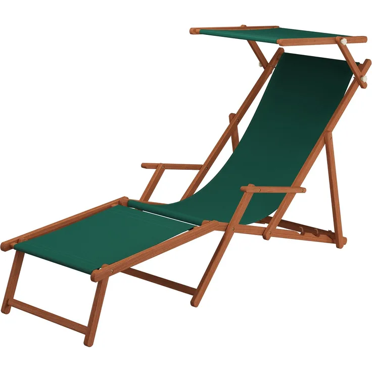Liegestuhl Sonnenliege grün Fußablage Sonnendach Gartenliege Holz Deckchair Gartenmöbel 10-304FS