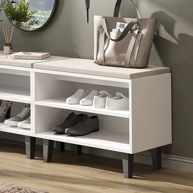 Roomart NORD Sitzbank mit 2 offenen Schuhfächern & Sitzkissen – Schuhbank für Flur & Diele – 73,6 cm – H 53 x B 73.6 x T 35 cm • Weiß