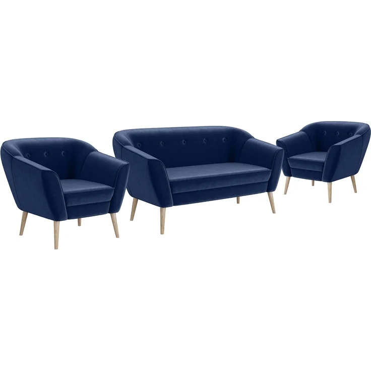 MEBLINI Mini Sofa Set 2-1-1 für Wohnzimmer - Mini Lounge für vier Personen - Küchensofa - Sofa Klein - Sitzgarnitur - Polstergarnitur - Sofagarnituren - DORIS - 2+1+1 - Blau Samt – Bild 1
