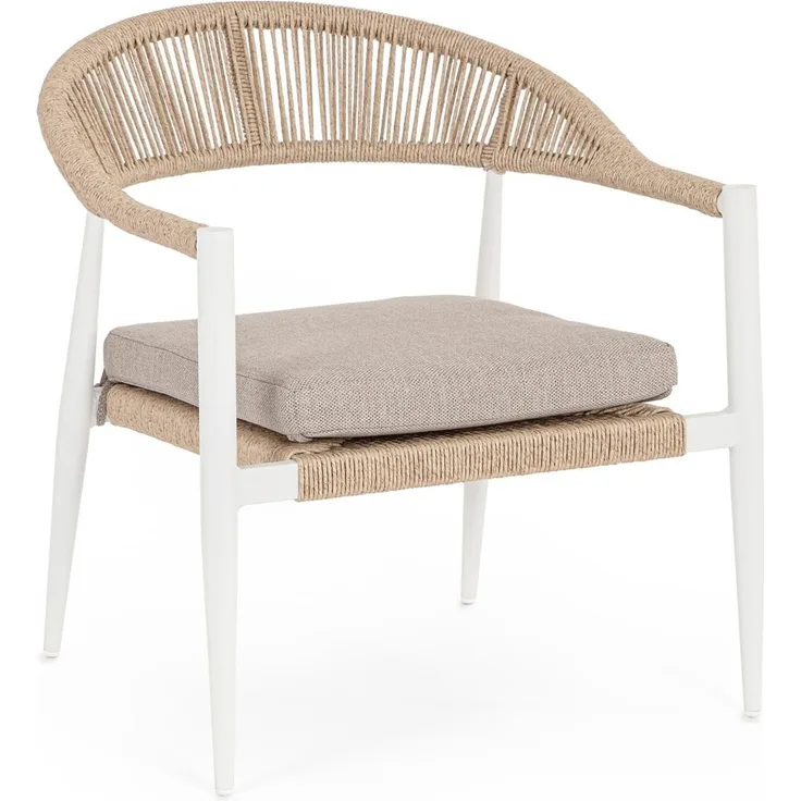 Gartensessel Aidnaja aus Aluminium, modernes Design mit Twist Rattan, Weiß Beige, inkl. Kissen