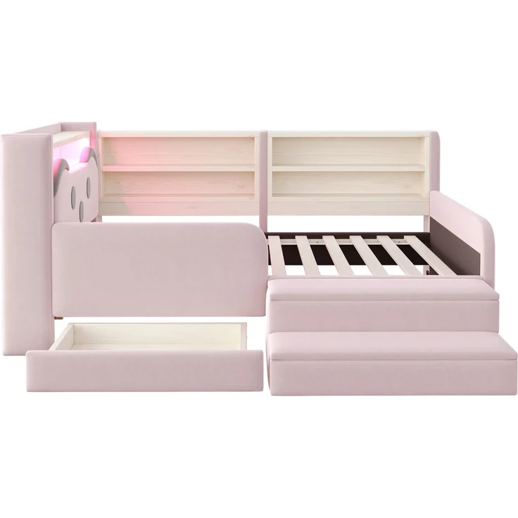 ZUBALIYA Polsterbett, mit Schubladen, mit Stauraum, mit LED-Beleuchtung, mit USB-Anschluss, inklusive Lattenrost, Liegefläche 90 × 200 cm, H 85 × T 218 × B 108.5 cm, Rosa, Samt – Bild 16