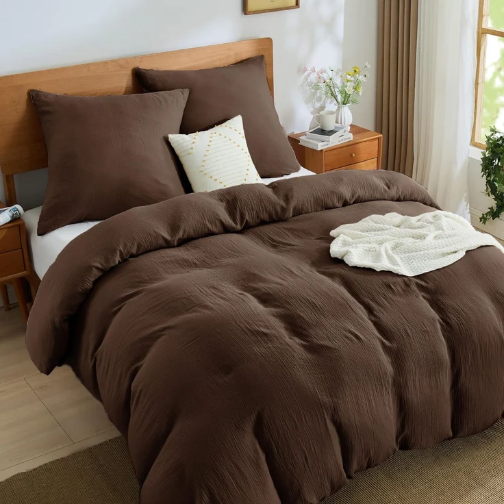 BEDELITE Musselin Bettwäsche 220x240 Baumwolle - Sommer Bettwäsche-Sets Dunkel Braun 3teilig mit Reißverschluss, Bettbezug 240x220 mit 2 Kissenbezüge 80x80 cm, weiche und atmungsaktiv