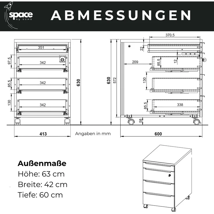 bümö Space Rollcontainer mit Schubladen, Container abschließbar aus Holz in weiß - Rollwagen für's Büro als Schreibtisch Unterschrank, Bürocontainer od. Schreibtischcontainer, SPCSRC-84 – Bild 7