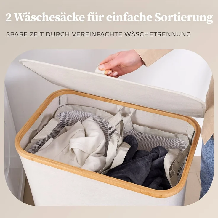 HENNEZ Wäschekorb Bambus mit Deckel 2 Fächer, 140L Wäschesack - Wäschesortierer Wäschebox Wäschetonne Wäschesammler – Bild 4