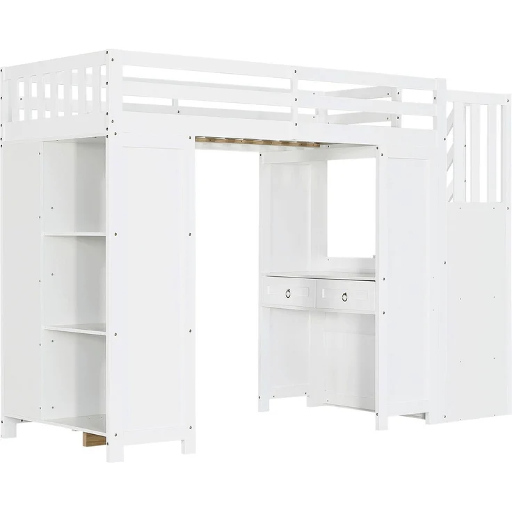 Hochbett mit Schreibtisch, Regal, Schubladen, Treppe, Schrank, Lattenrost und Rausfallschutz, 90x200 cm, Holzbett – Bild 7