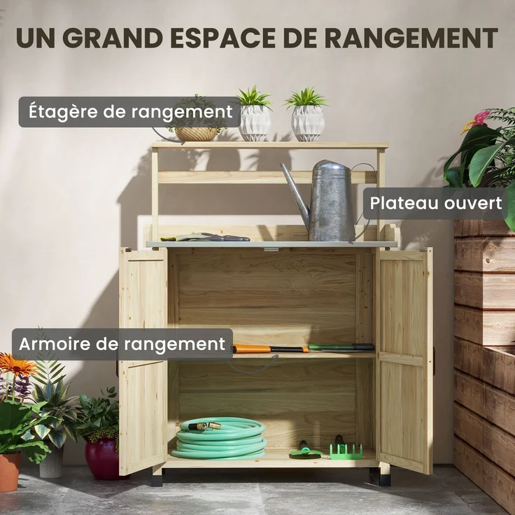 Umtopf-Tisch, Gartentisch, Schrank und Regale sowie Tablett mit rutschfesten Gleitern, 90,5 x 41 x 124,5 cm, Naturholz – Bild 7