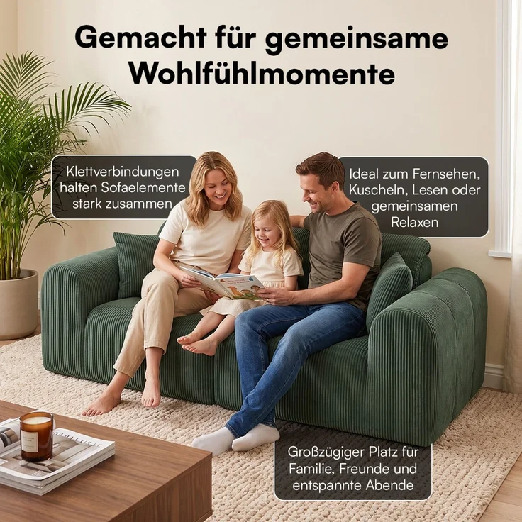 skølm 'Vanaheim' Sofa 2 Sitzer mit 2 Kissen, Cloud Sofa dunkelgrün, Cord, Vollschaumcouch mit Federkern und Vakuum-Kompression, kein Aufbau erforderlich – Bild 4