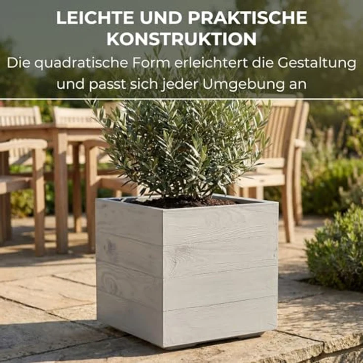 LAMELA Pflanzkübel mit Rollen 40 cm, 36L – Blumentopf aus Kunststoff in Holzoptik – Übertopf mit Wasserablauf – Modern für Innen & Außen - Wetterfest & Pflegeleicht, Hellgrau – Bild 4