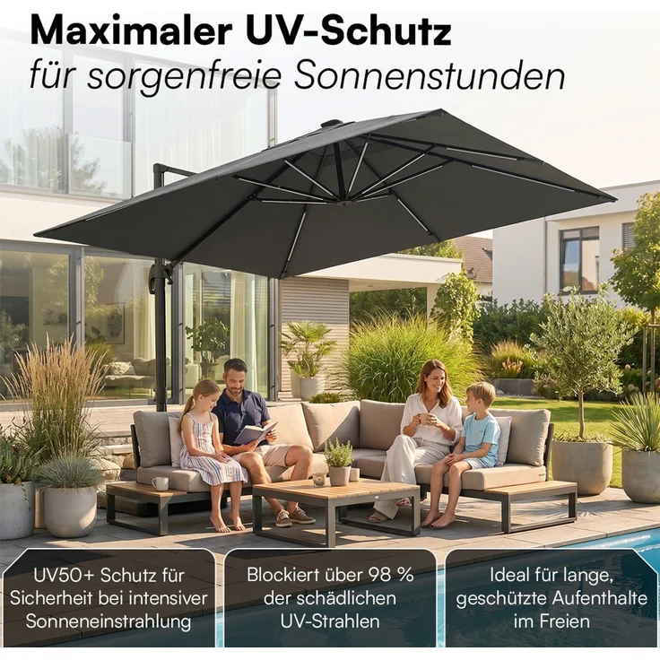 STEELSØN 'Elaris' Premium Sonnenschirm 300x300 cm quadratisch mit LED, neigbar und 360-Grad drehbar, anthrazit, Ampelschirm inkl. Hülle, extrem robuste Metall-Stange, 220 g/m² Polyester, UV50+ – Bild 10