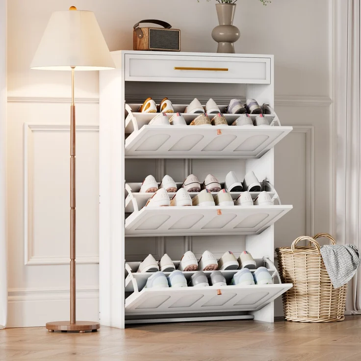 Schuhschrank 70 x 25 x 123,5 cm mit 6 offenen Fächern und 1 Schublade in Weiß – Bild 8