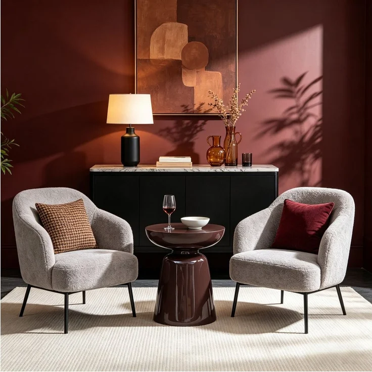 Round Accent Side Table with Bowl Top, Fiberglass with Sticker Finish, Modern Pedestal End Table for Living Room (Reddish Brown) – Bild 4