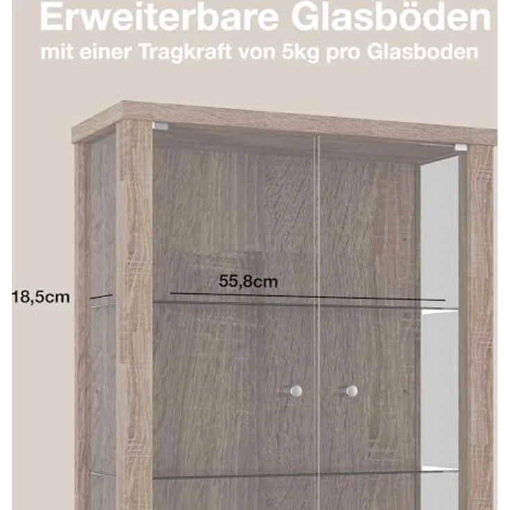 K-Möbel Hängevitrine, Sonoma Eiche, Rechteckig, Glas, 2 Fächer, 60x80x25 cm, für Wohnzimmer und Wohnwände – Bild 5