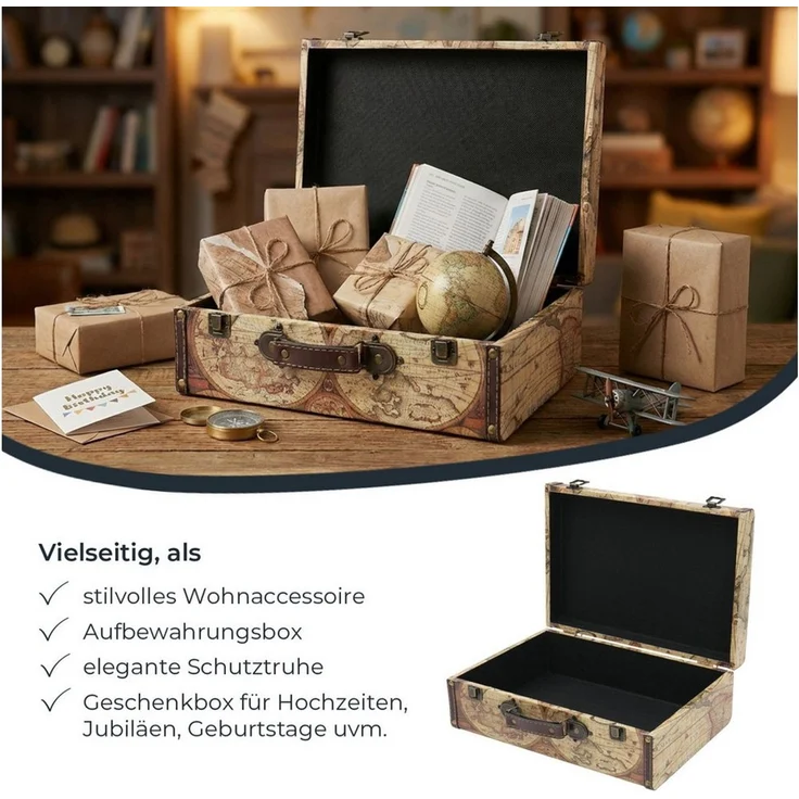 HMF Aufbewahrungsbox Handgefertigter Vintage Koffer aus Holz, Deko Koffer, Geschenkkoffer im Weltkarten Design, 38 x 26 x 13 cm – Bild 3