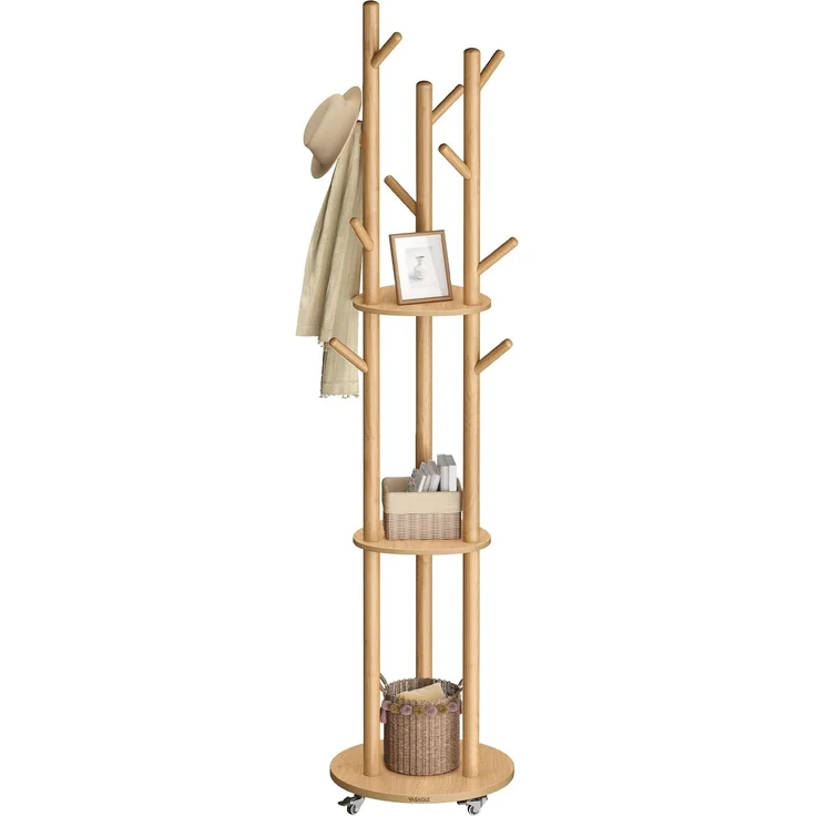 VASAGLE Garderobenständer auf Rollen, 11 Haken, 3 Ablagen, Kautschukholz | Jackenständer, MDF, 40 x 40 x 175 cm, für Flur und Schlafzimmer, Holzfarben, ANDI Kollektion RCR023YK01