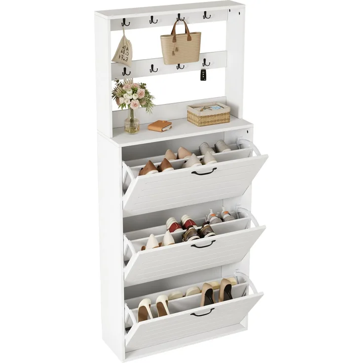 ZUBALIYA Schuhschrank (70 x 25 x 163 cm), 3 Türen, Lamellengestaltung, Aufbewahrung für Schuhe, Hausschuhe und Schuhzubehör, Weiß