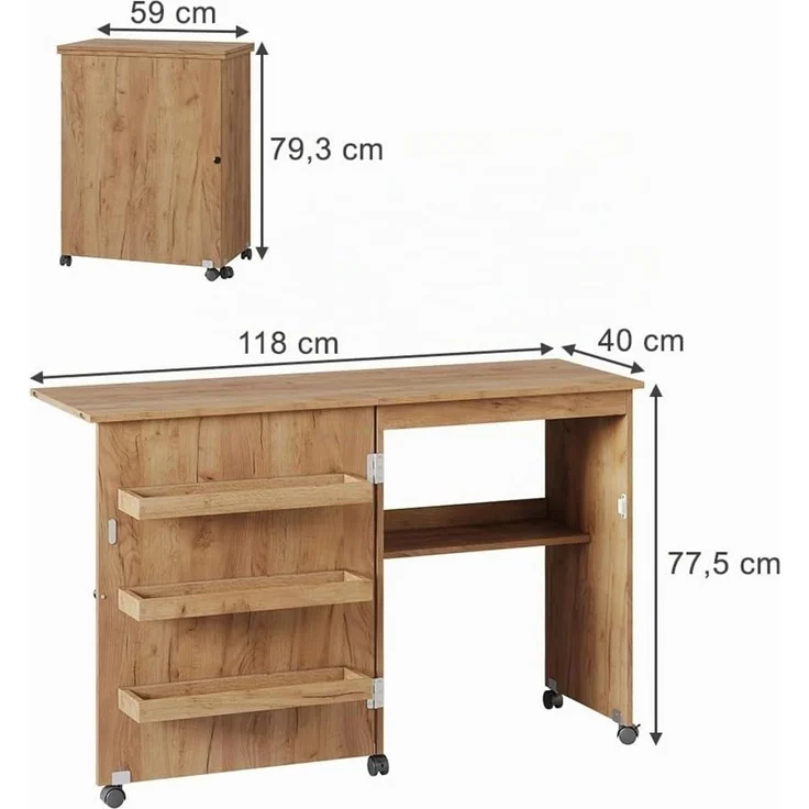 Nähtisch Carmen Eiche 118 x 77.5 cm mit 3 Regalfächer Vicco – Bild 3