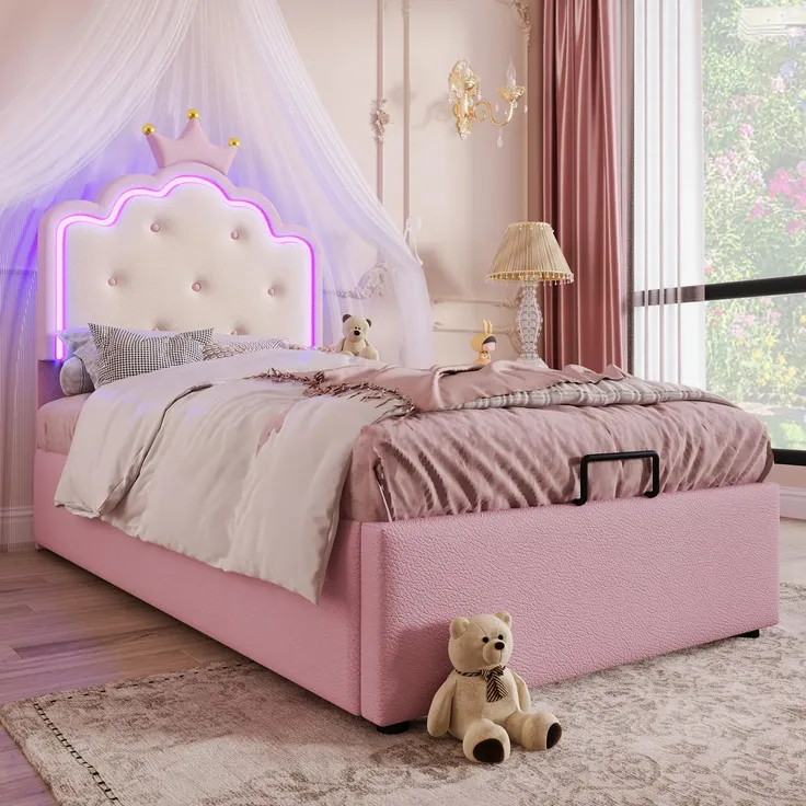 Prinzessinbett mit Stauraum und LED-Beleuchtung, 90x200 cm, Mädchenbett, Polsterbett für Mädchen, Einzelbett, Kunstleder – Bild 5
