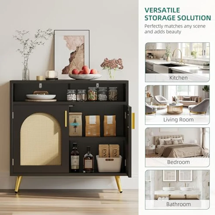 YITAHOME Sideboard mit Rattandekor, Aufbewahrungsschrank, Buffet-Schrank für Esszimmer, Schlafzimmer, Wohnzimmer als Medieneinheit, Küchenschrank-Aufbewahrung, Flur-Konsole, B80 cm × T35 cm × H75 cm – Bild 7