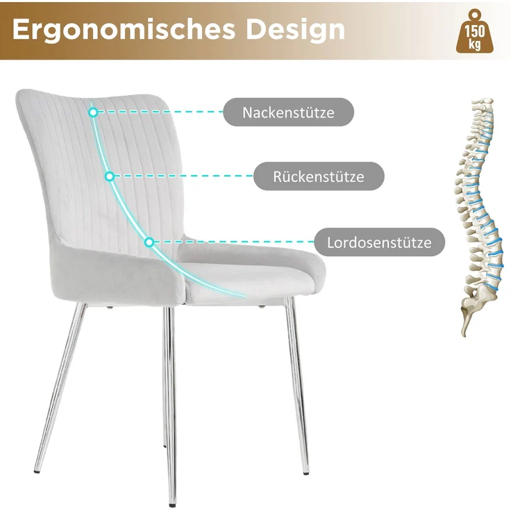 Merax Samt-Esszimmerstuhl, 4er-Set, luxuriös, Wohnzimmer, Schlafzimmer, Lounge-Stuhl mit vier Silberne Metallstützbeinen, Lendenwirbelstütze, Grau – Bild 6