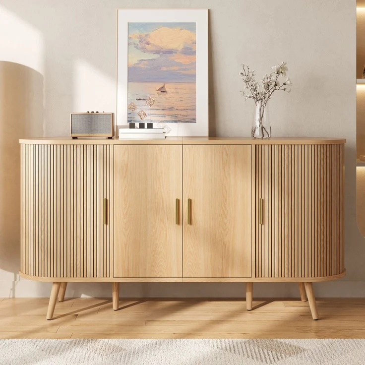 Merax Sideboard mit Schiebetüren an den Seiten, gebogenes Design mit vertikaler Rillenverkleidung, Griffleisten aus Metall, Aufbewahrungsschrank, Natur – Bild 6