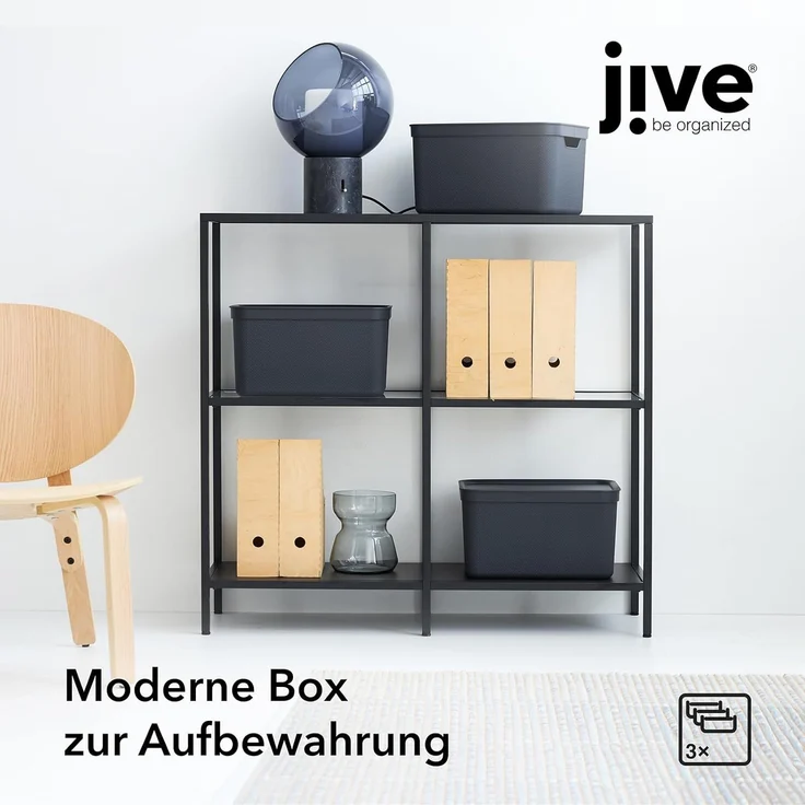 Jive Dekobox 3er- Set Aufbewahrungsbox 16l mit Deckel, Kunststoff (PP recycelt), dunkelgrau, 3x16l (37.5 x 27.8 x 29.8 cm), Anthrazit – Bild 2