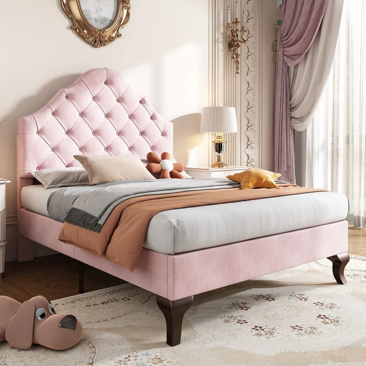 EINHOM Polsterbett 90 x 200 cm mit Lattenrost und Kopfteil, Polsterbett mit Höhenverstellbares Kopfteil, Jugendbett, Einzelbett, Holzlattenunterstützung, Einfache Montage, Samt, Rosa, (Ohne Matratze) – Bild 5