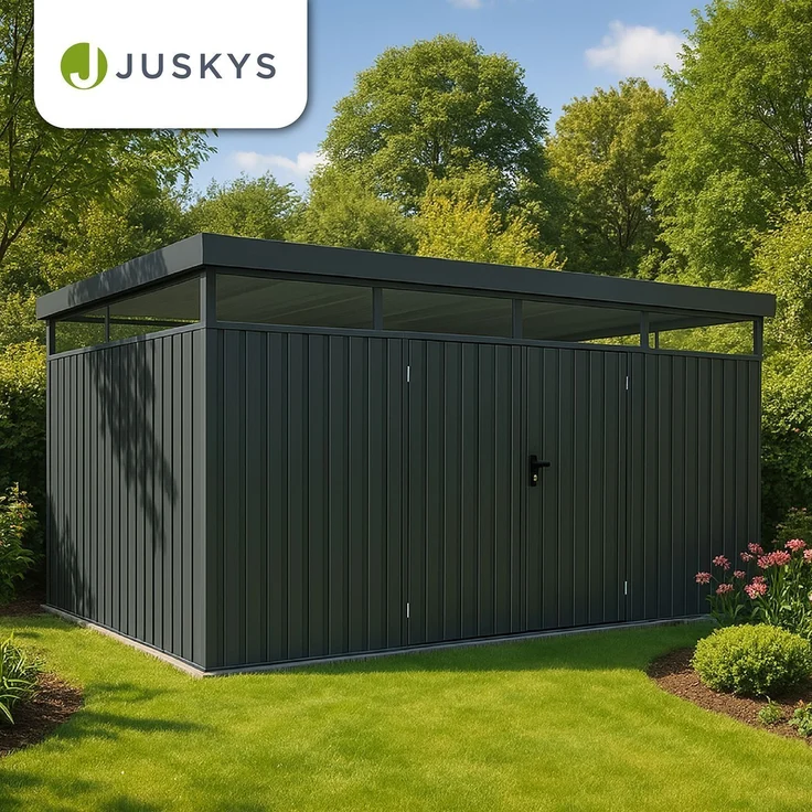 Juskys Gerätehaus Luzern 12 m² - Metall Geräteschuppen mit Türen & Fenstern - wetterfest & abschließbar - Fahrradgarage, Gartenhaus - Anthrazit – Bild 7