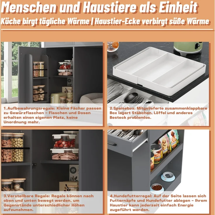 Servierwagen 120 x 60 x 90 cm mit 3 Schubladen, Gewürzablage, verstellbarem Regalboden und Haustierbereich – Bild 8