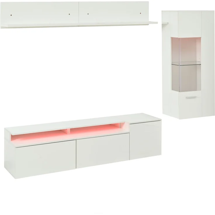 TV-Wohnwand 3-teilig 180x40x45 cm, Weiß Hochglanz mit LED, Vitrine und Wandregal – Bild 6
