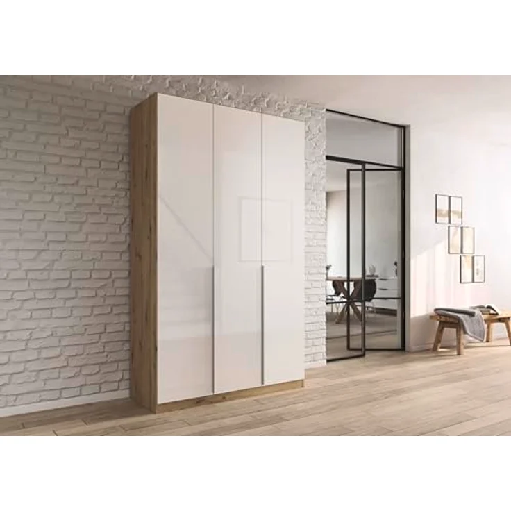 Rauch Möbel Alabama, Kleiderschrank für Schlafzimmer, Kinderzimmer, Wohnzimmer, Garderobe, Flur, 3-türig, mit Zubehör Premium, Farbe Weiß Hochglanz/Eiche Artisan, Holz, Breite 136 cm – Bild 3