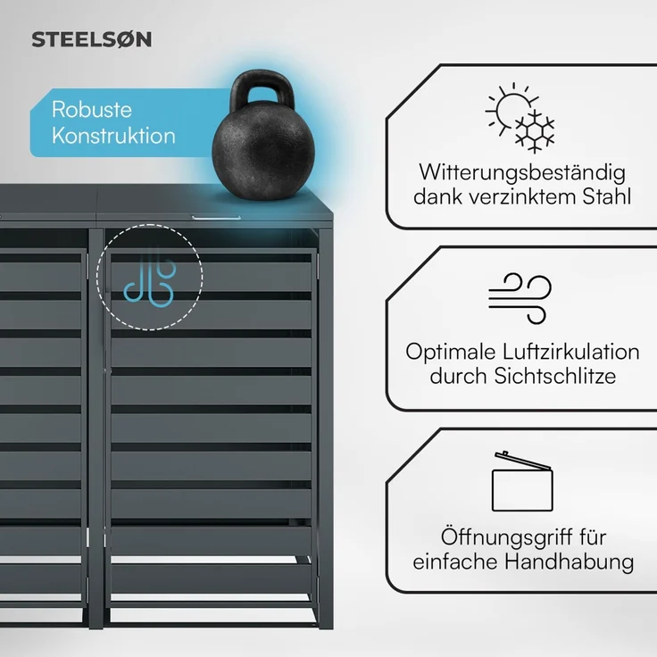 STEELSØN 'Kestra' Mülltonnenbox 2er je 240 Liter, anthrazit, Mülltonnenverkleidung aus Stahl, wetterfest, 116x80x134 cm, Müllbox für 2 Tonnen – Bild 4