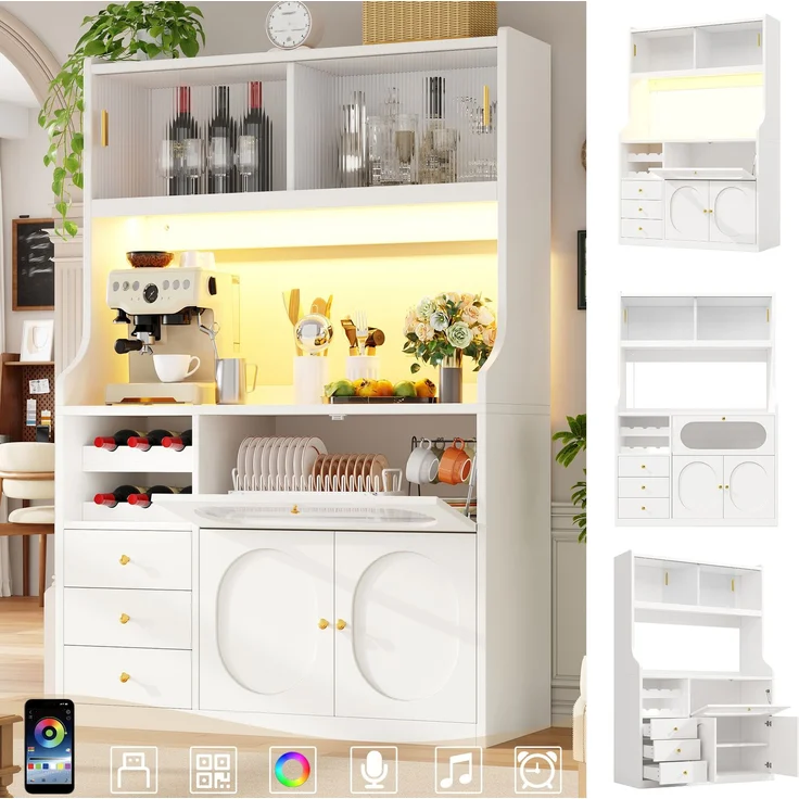 Küchenschrank 120x40x180 cm mit RGB-Beleuchtung, Glasschiebetüren, Schubladen und Weinregal – Bild 6