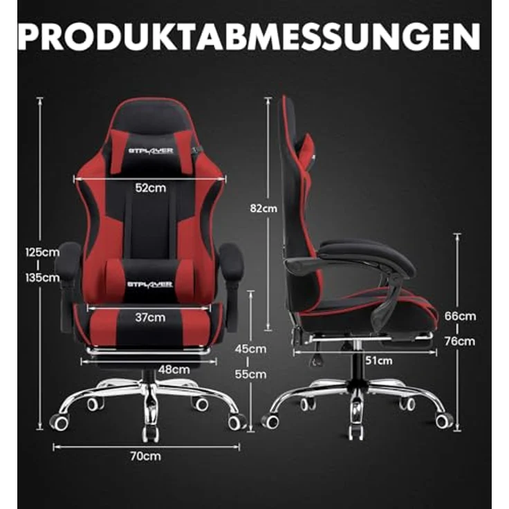 GTPLAYER Gaming Stuhl, Bürostuhl, Ergonomischer Pc Stuhl, Gaming Sessel mit Massagelendenwirbelstütze, Task Stühle mit Fußstütze und Kopfstütze, Rot Stoff – Bild 3