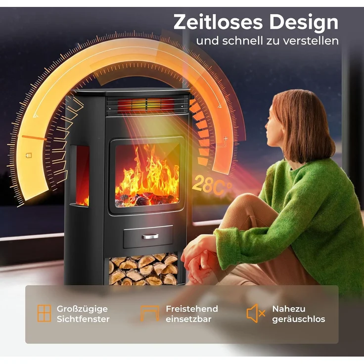 KESSER® Prio Elektrokamin mit Heizung Heizlüfter Fernbedienung WiFi App 950/1900 W Kamin elektrisch LED-Flammeneffekt Kaminfeuer Elektro Kamin mit Thermostat Panorama-Sichtfenster Heizfunktion Timer Schwarz, Xtra-Large – Bild 4