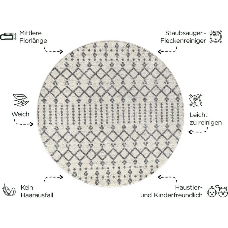 Sanat Teppich Boho 8203, rund, Höhe: 10 mm, Kurzflor, robust, Boho, Scandic, für Fussbodenheizung geeignet – Bild 2