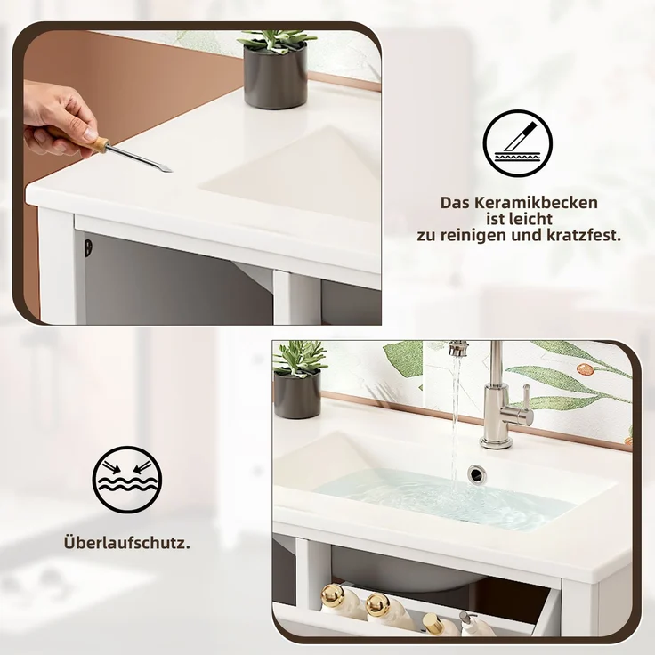 Waschtisch 76,5x47x83,5 cm, freistehend, mit Keramikbecken und Schubladen, Weiß – Bild 8
