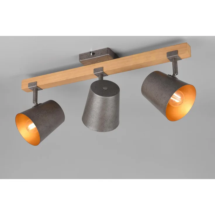 LED Deckenstrahler 3-flammig Silber antik & Gold mit Holz, Breite 54cm