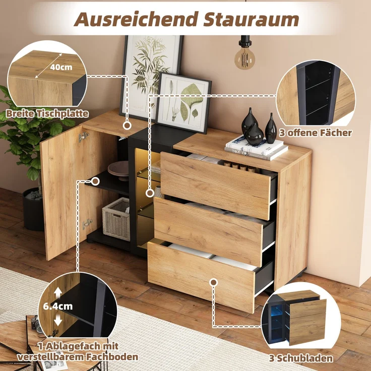 DESVIAE Sideboard mit LED-Beleuchtung und 3 Schubladen, 140x80x40 cm, Spanplatte, Braun/Schwarz – Bild 4