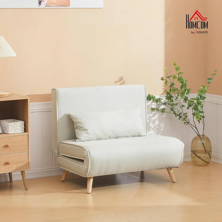 HOMCOM Relaxsessel mit Bettfunktion, verstellbare Rückenlehne, Leinenimitat, Tannenholz, Cremeweiß, 94 x 78 x 80 cm – Bild 2