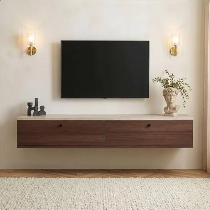 Hanah Home Stilvoller TV-Ständer, 160 cm, Travertin & Walnuss, 25 cm hoch | Strapazierfähige, melaminbeschichtete Spanplatte, inklusive Wandhalterung | Modernes Design fürs Wohnzimmer – Bild 3