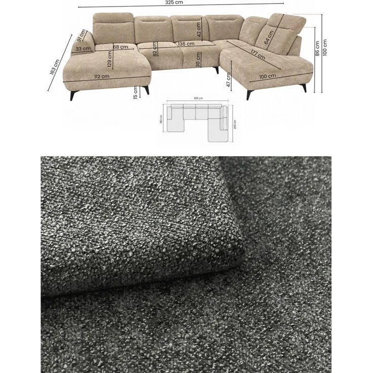 Wohnlandschaft Sofa U-Form ALETTE in Stoff Doha Dunkelgrau Lange Schenkel Links – Bild 6