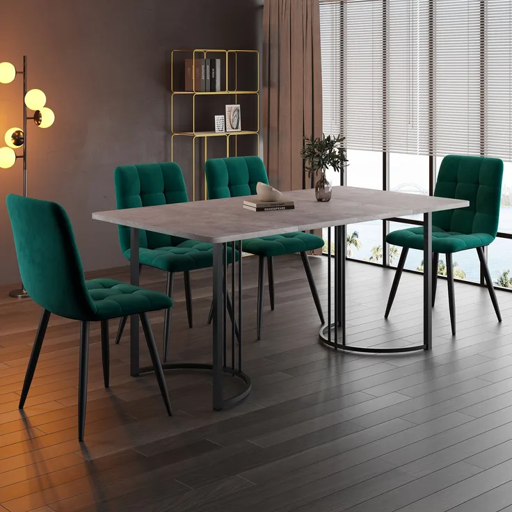 Essgruppe 5-tlg, Esstisch 140x80x75 cm Grau Marmor & 4 dunkelgrüne Samtstühle