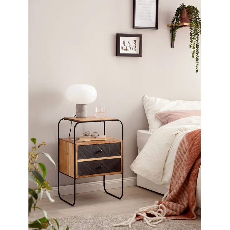 FINEBUY Nachttisch FB55691 (Akazie Massivholz Metall, 40 x 60 x 30 cm Boxspringbett), Nachtkonsole Steinoptik, Design Nachtkommode – Bild 2