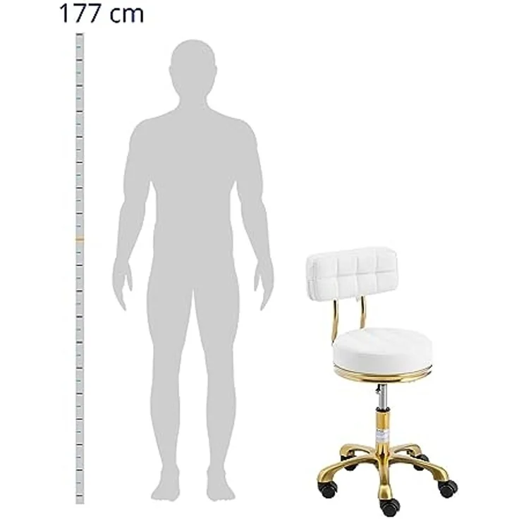 Physa Drehstuhl Rollhocker mit Lehne Friseurhocker Kosmetik 150 kg weiß & golden, Weiß – Bild 2